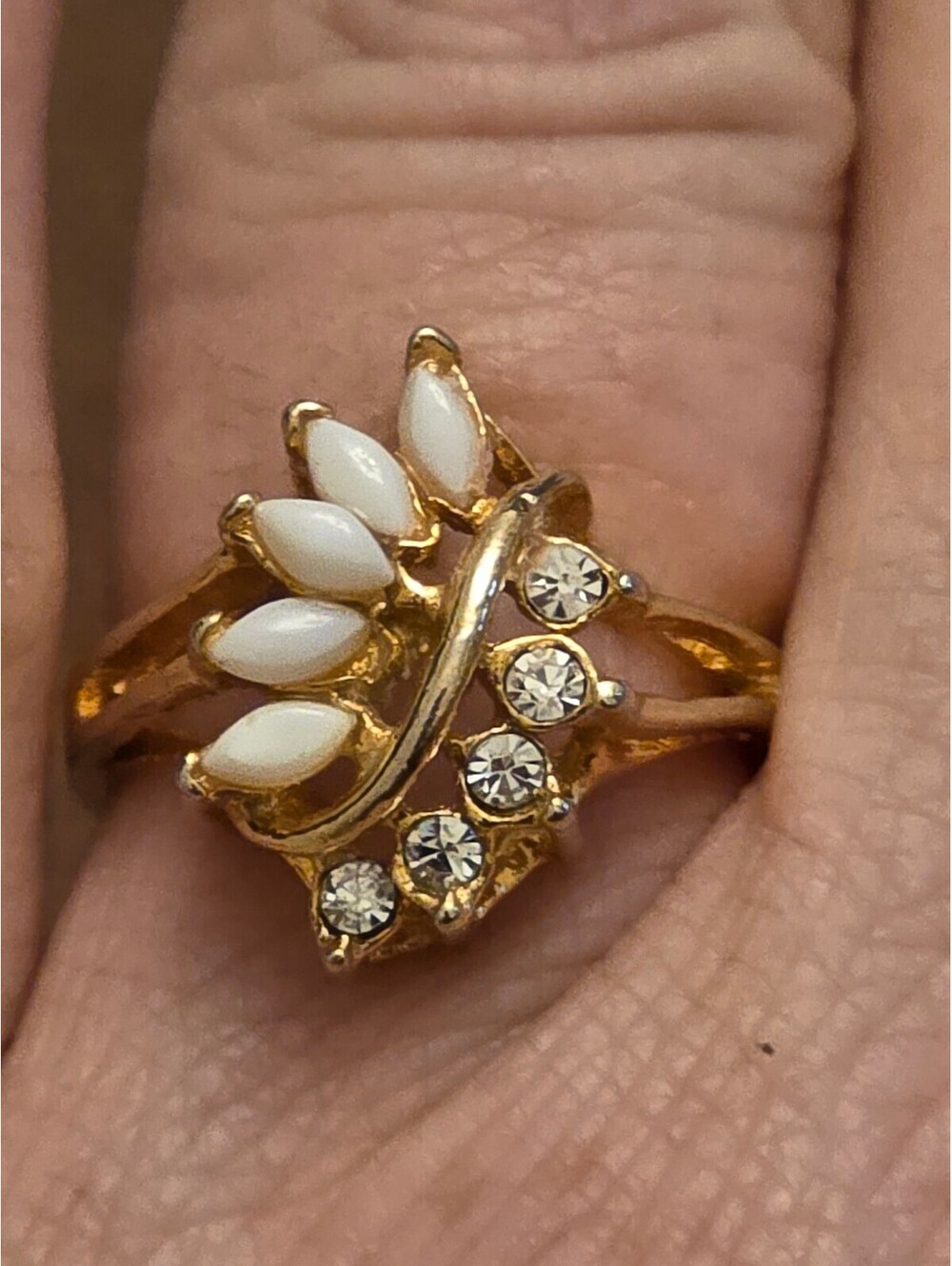 Vintage Faux Opal & Rhinestone Bypass Cocktail Ring - Size 7